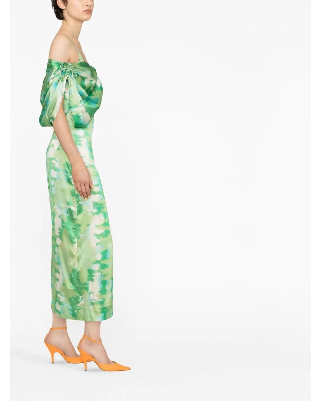 Ganni Green Printed Off-Shoulder Silk Dress