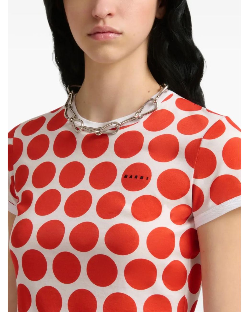 Marni Red Cotton T-Shirt With Polka Rhythm Print
