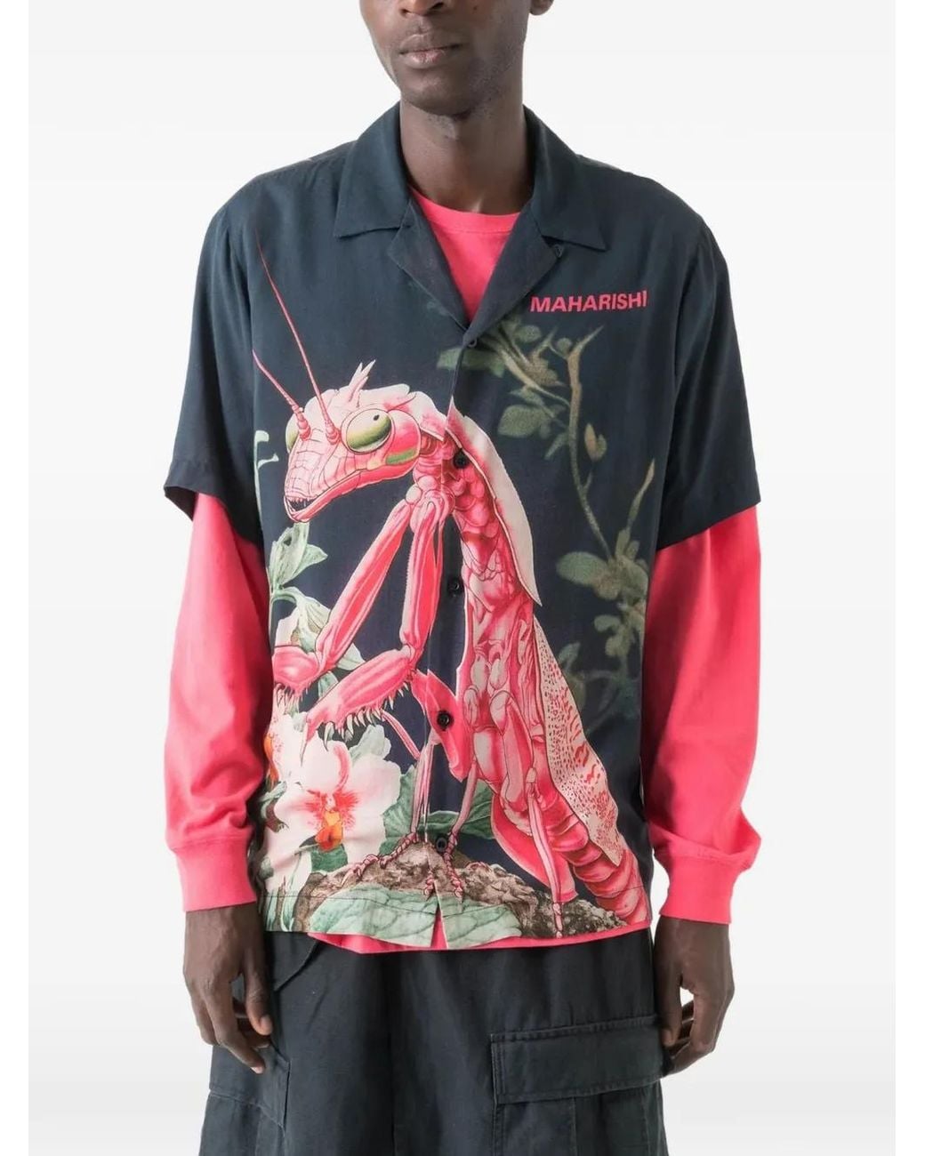 Maharishi Blue Orchid Mantis-Print Camp-Collar Shirt for men