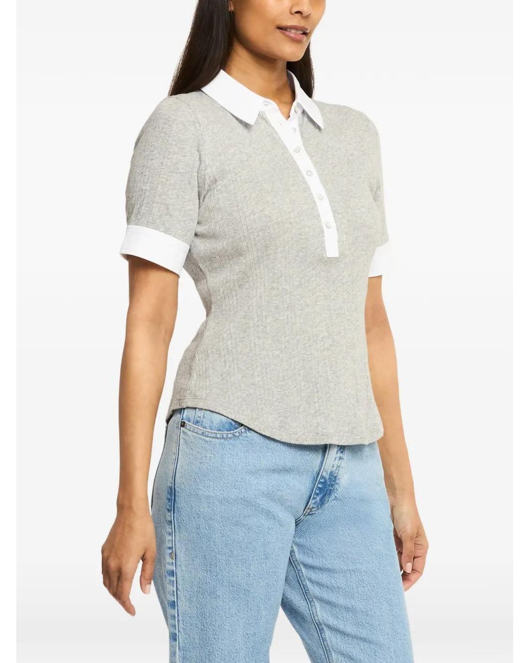 Cinq À Sept Gray Jaden Ribbed-Knit Polo Top
