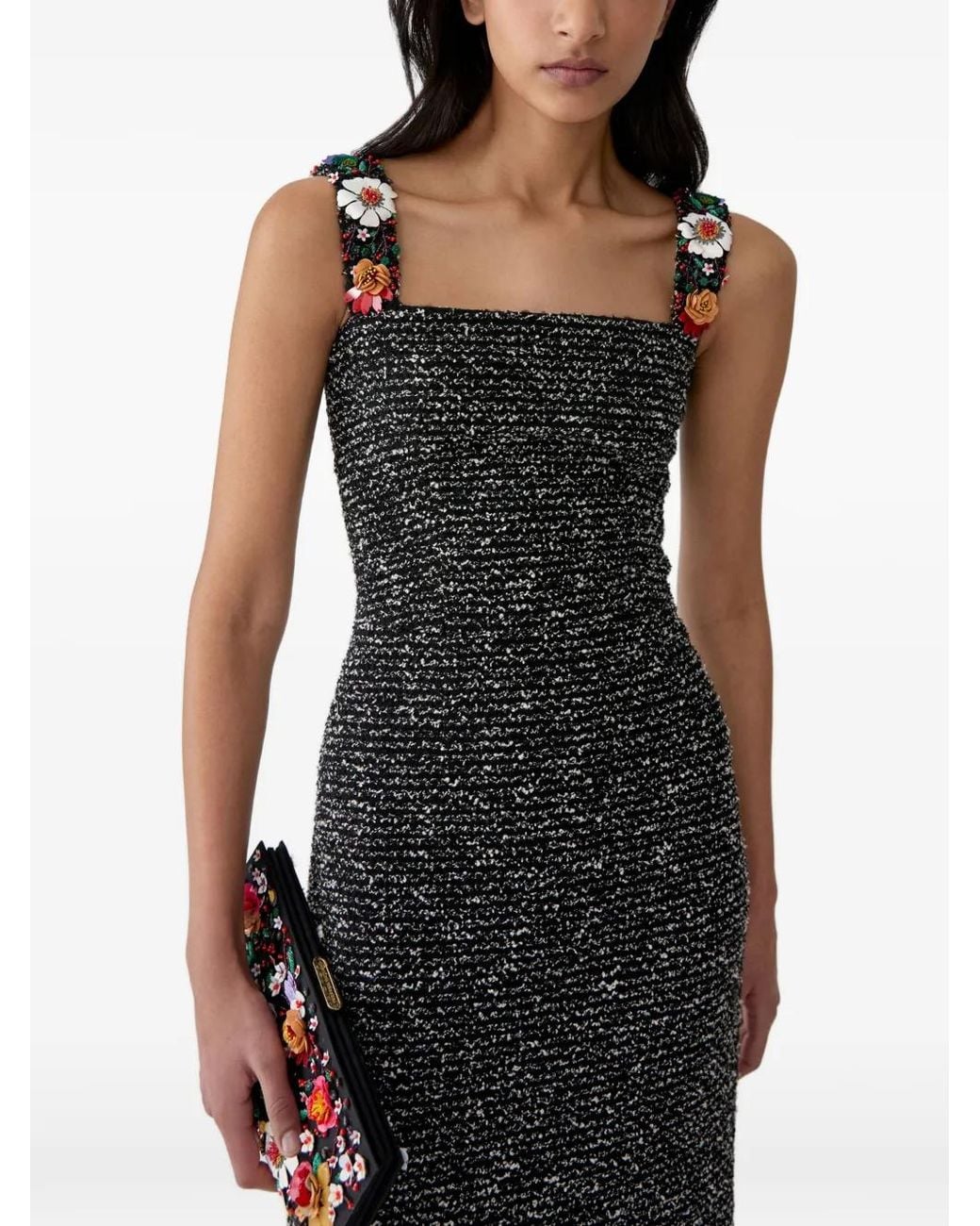 Carolina Herrera White Floral-Embroidered Tweed Midi Dress