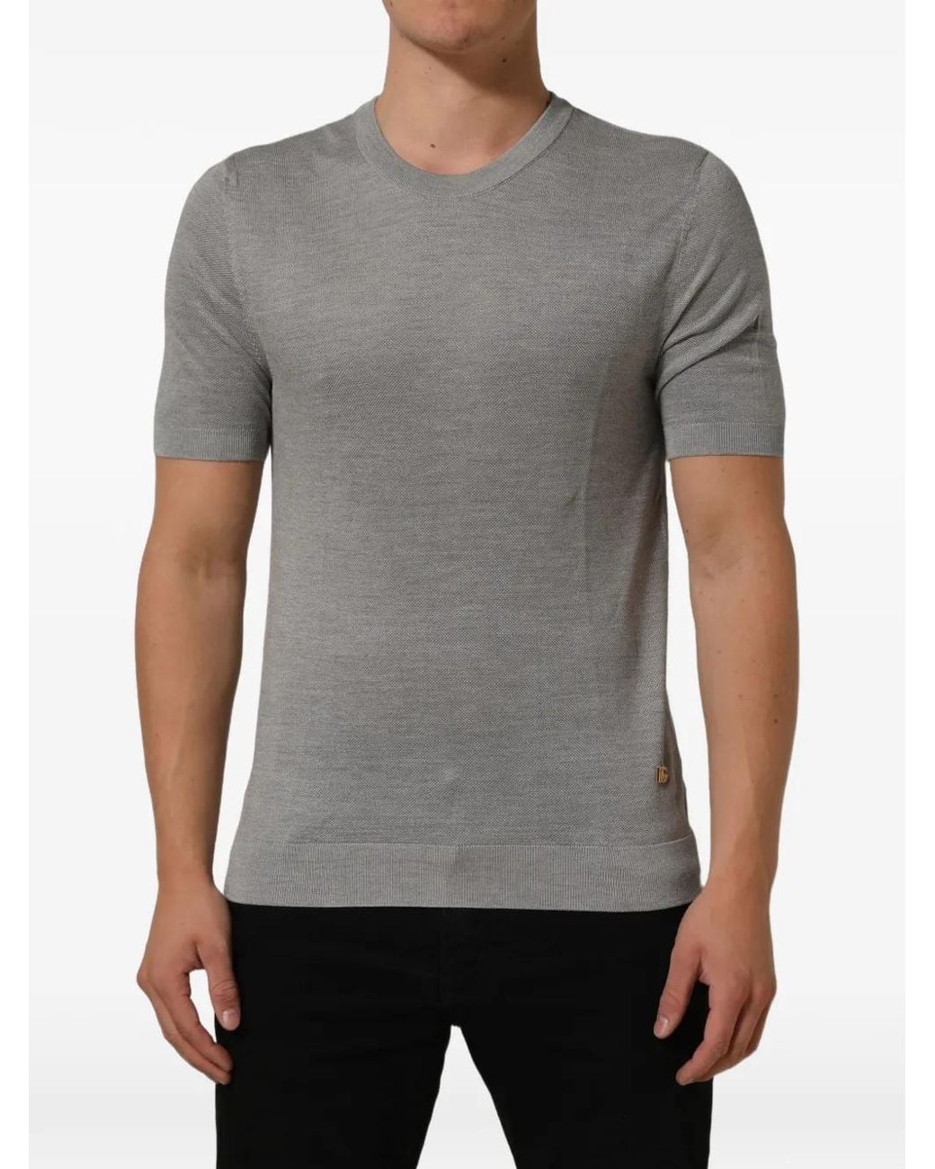 Dolce & Gabbana Gray Logo-Plaque Silk T-Shirt for men