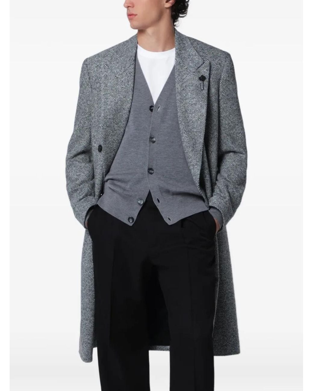 Lardini Gray Herringbone Double-Breasted Coat for men