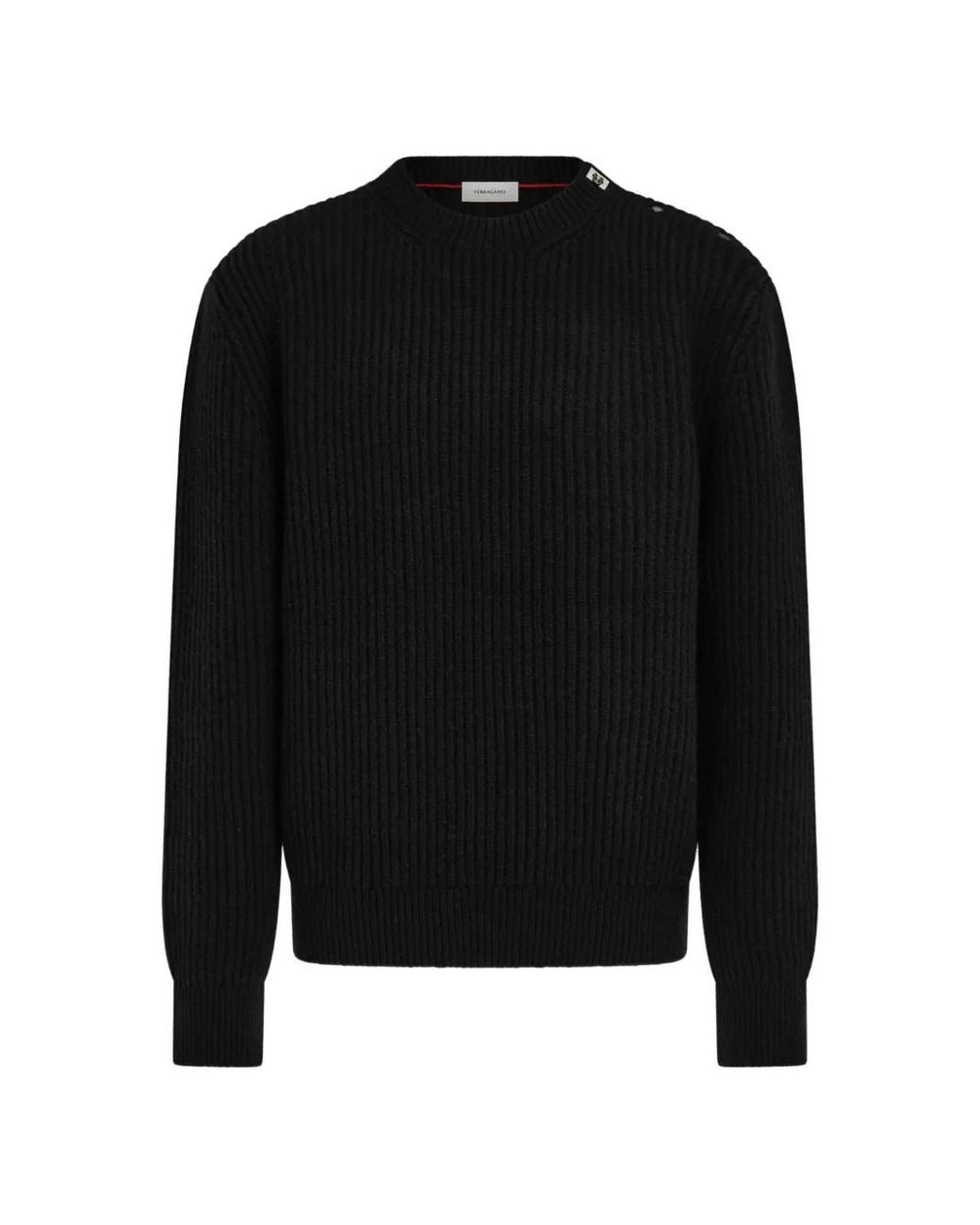 Ferragamo Black Rib-Knit Crew-Neck Sweater With Hug Buckle Detail for men