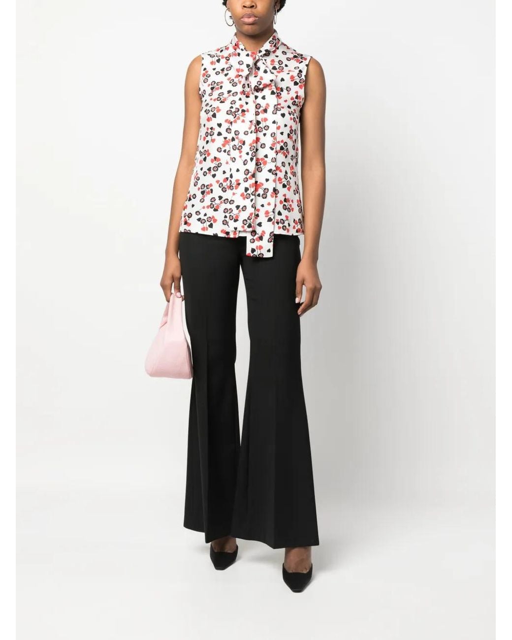 Moschino Red Floral-Print Pussy-Bow Collar Top