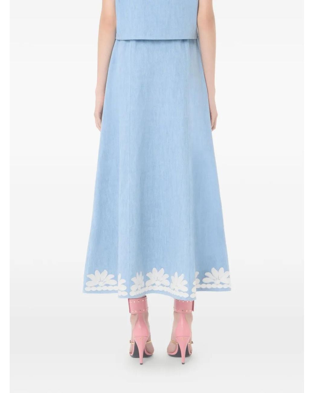 Valentino Garavani Blue Embroidered Denim Midi Skirt
