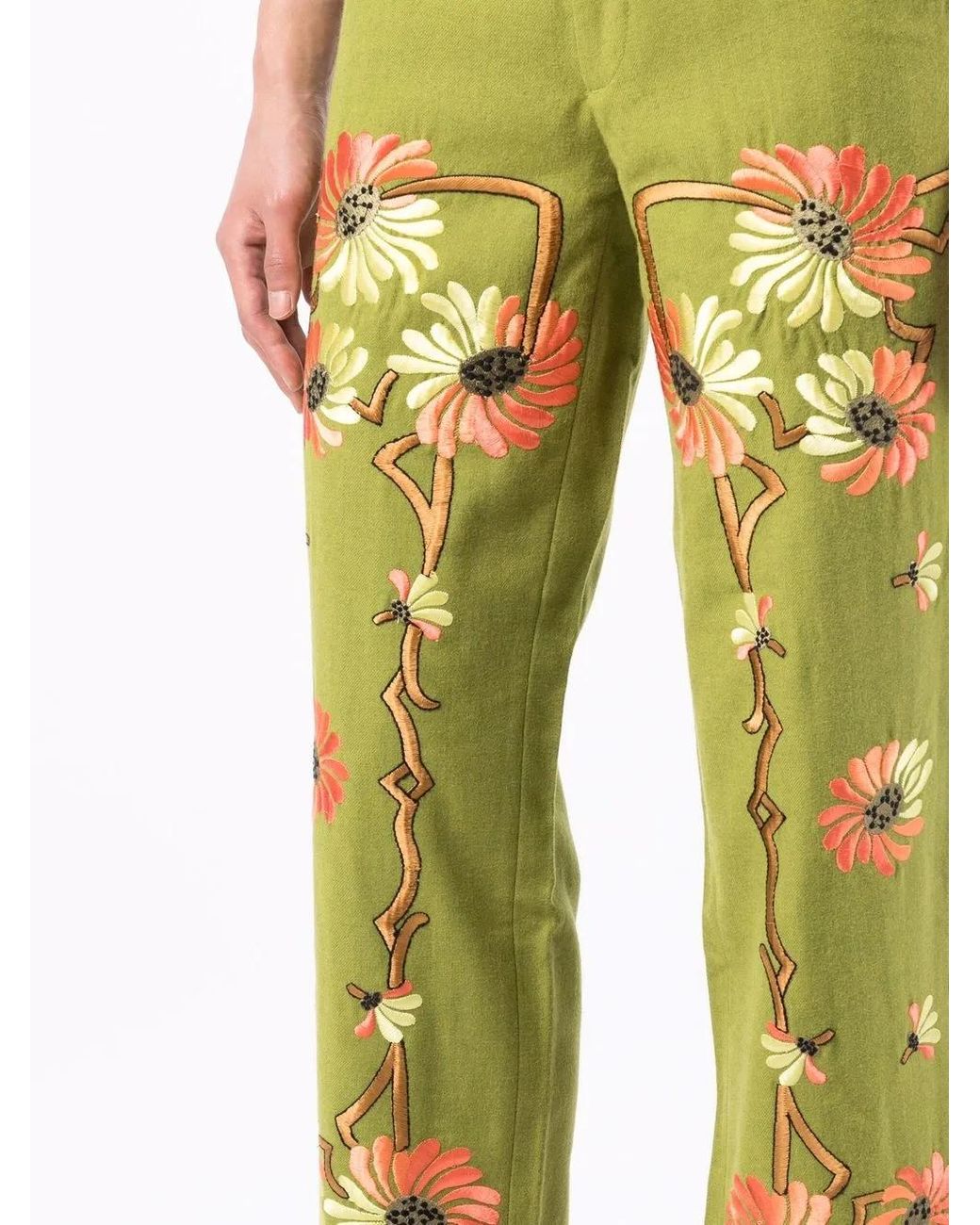 Bode Yellow Victorian Floral-Embroidered Trousers for men