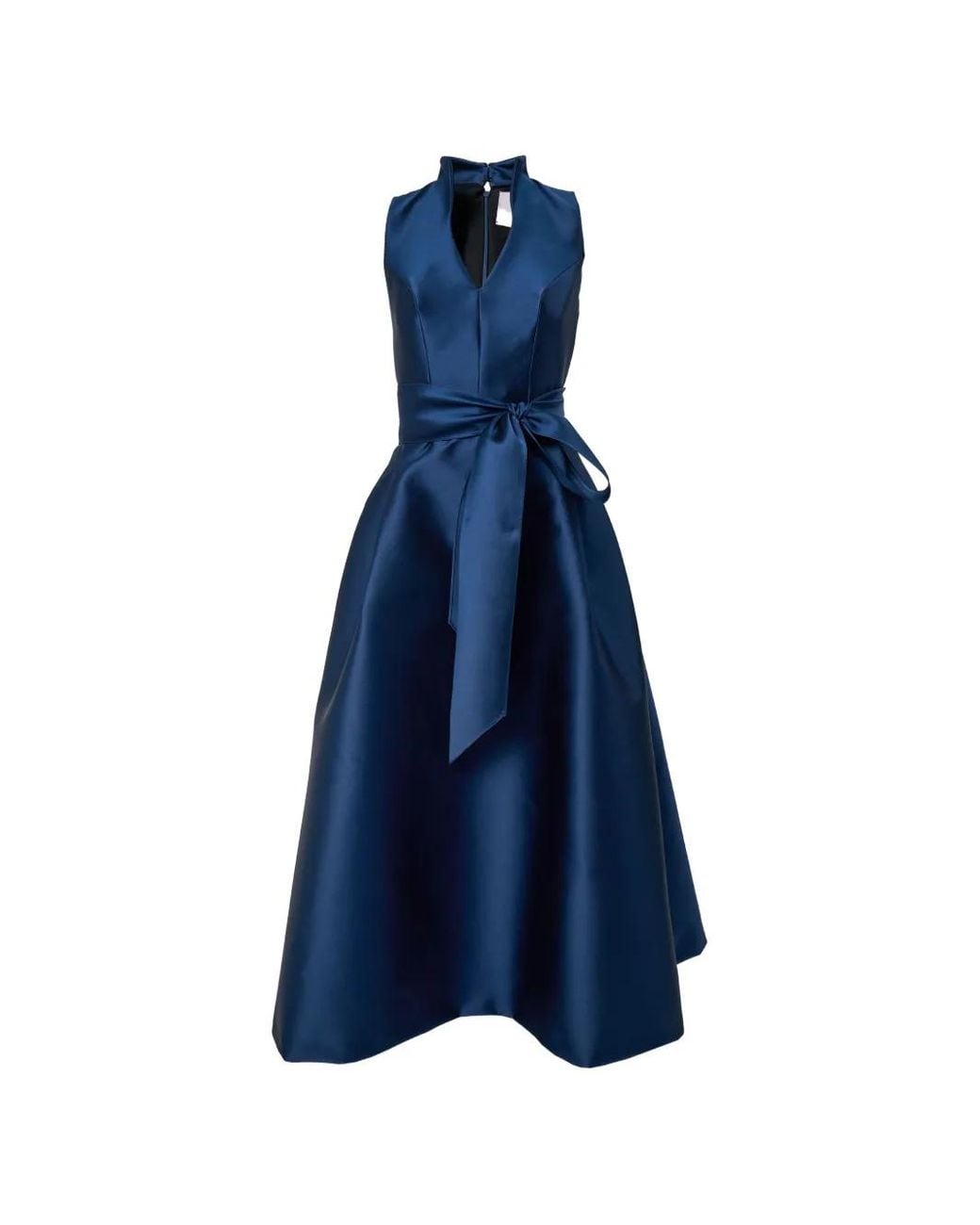 Carolina Herrera Blue Bow-Detail Stand-Collar V-Neck Flared Midi Dress