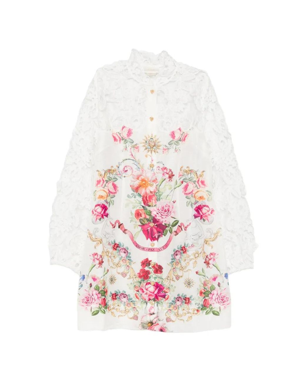 Camilla White Lace-Sleeves Floral-Print Mini Dress