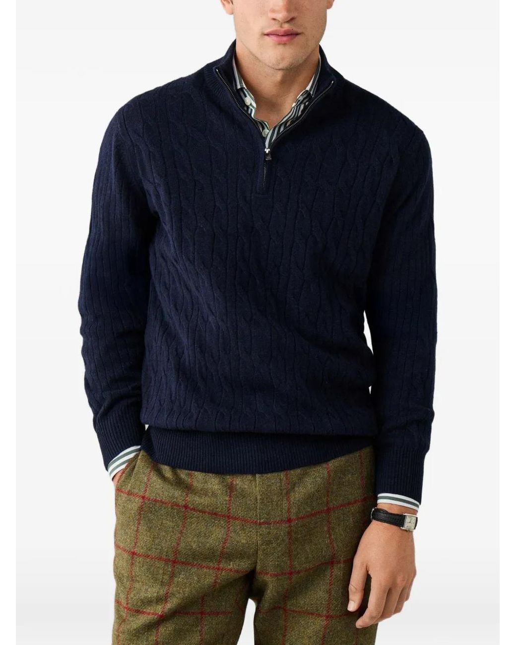 Hackett Blue Cable-Knit Quarter-Zip Sweater for men