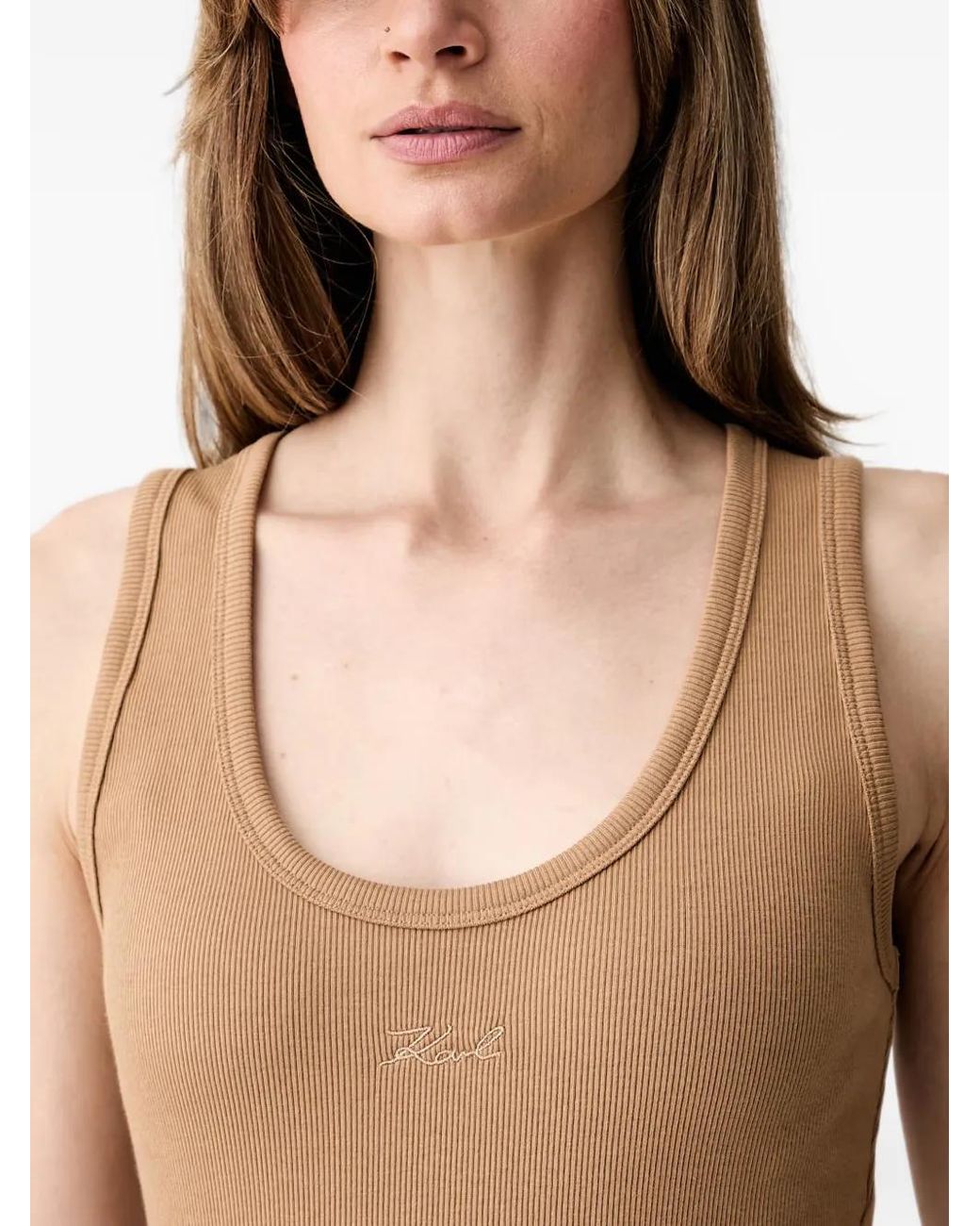 Karl Lagerfeld Natural Ribbed-Knit Logo-Embroidered Top