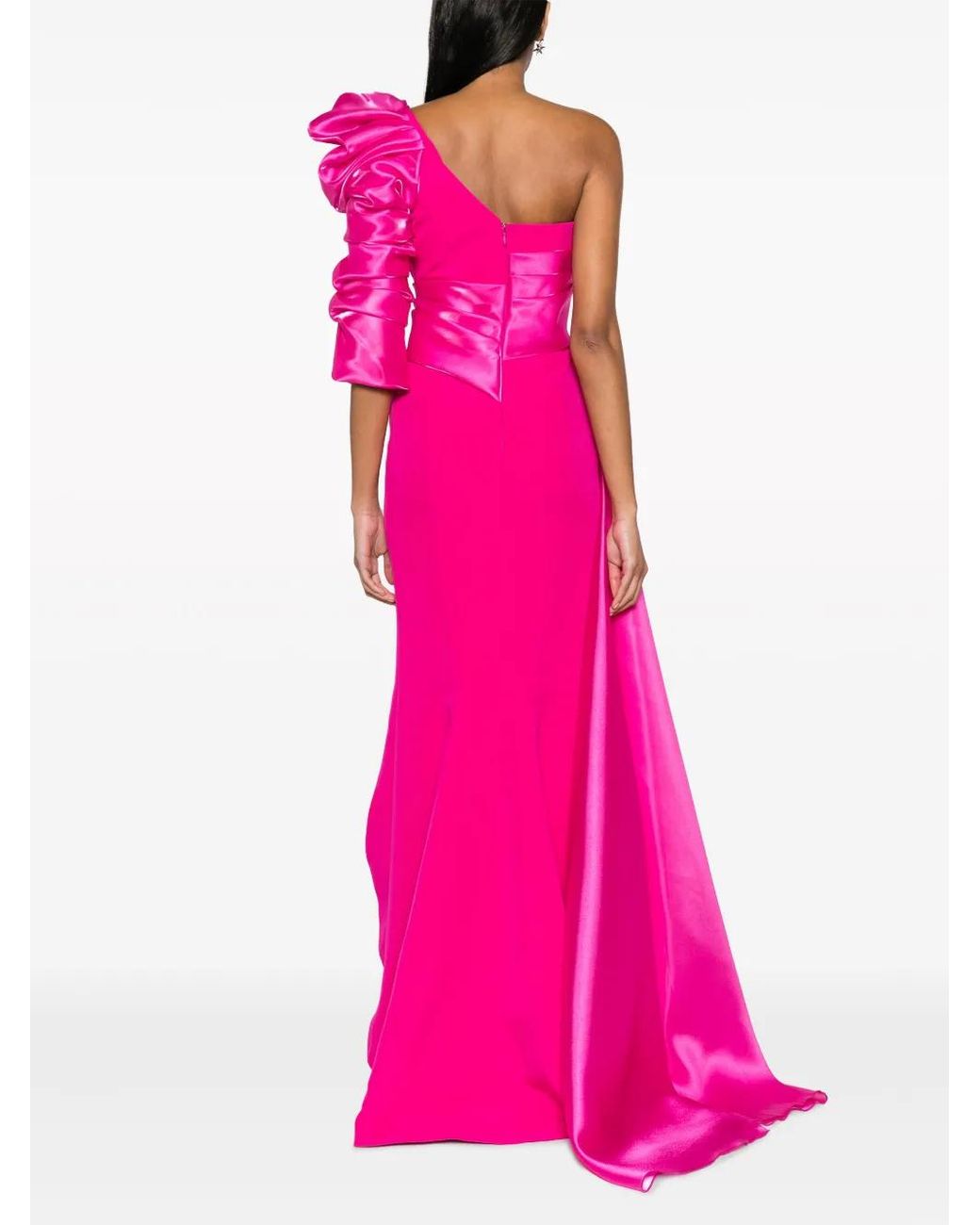 Gaby Charbachy Pink Asymmetric Draped One-Shoulder Gown