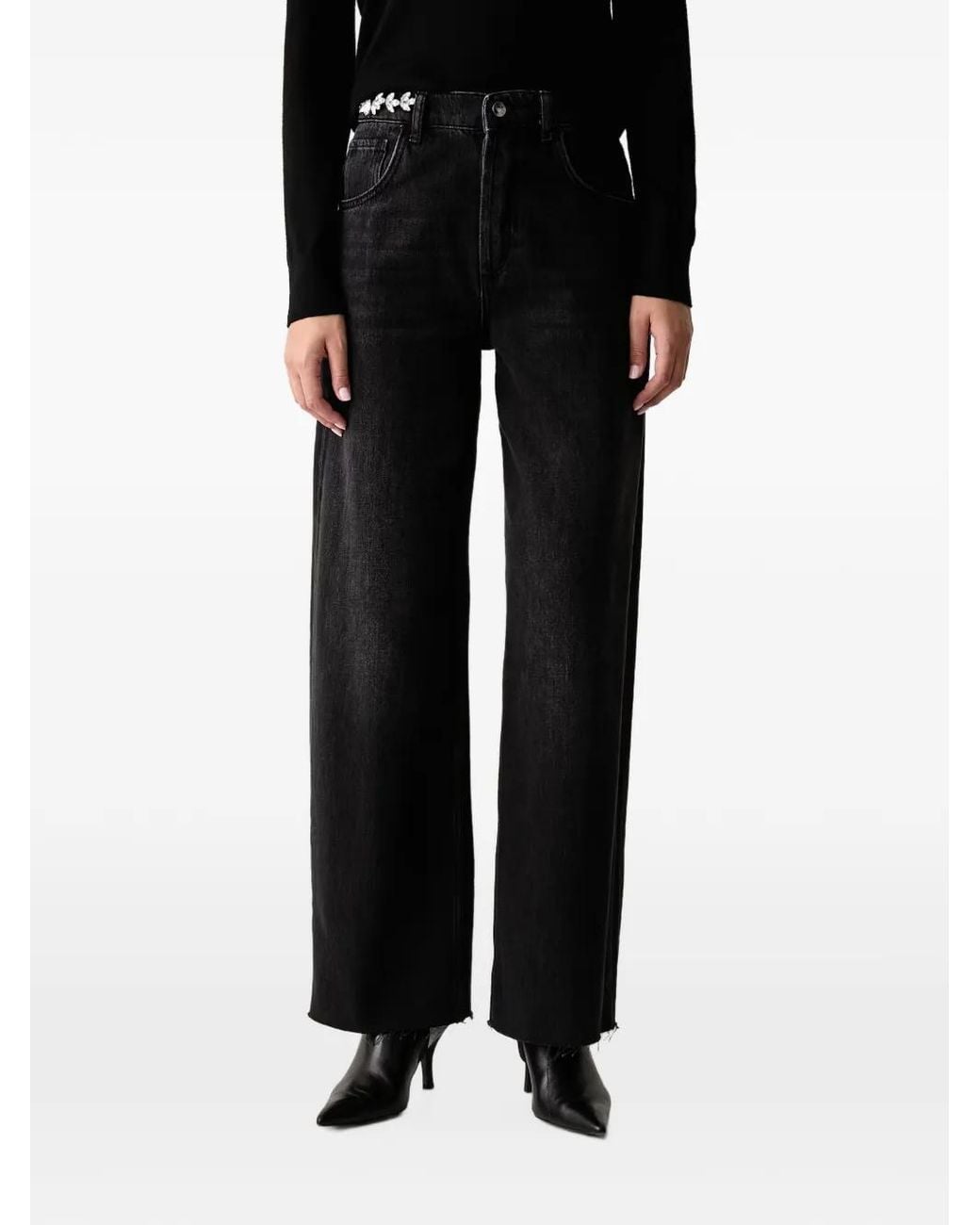 Liu Jo Black Crystal-Embellished Raw-Cut Jeans