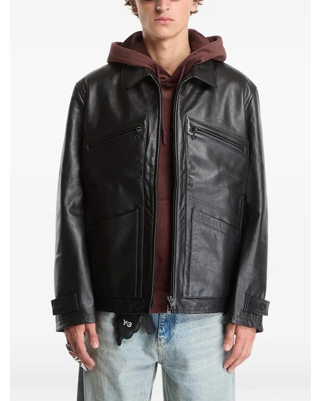 Y-3 Black Veste Zippée En Cuir for men