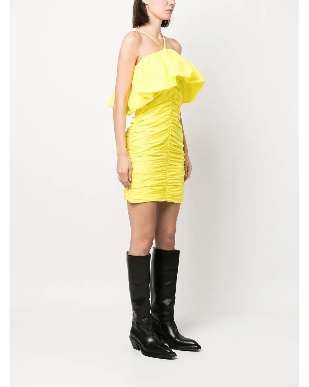 MSGM Yellow Ruched Ruffle-Trim Mini Dress