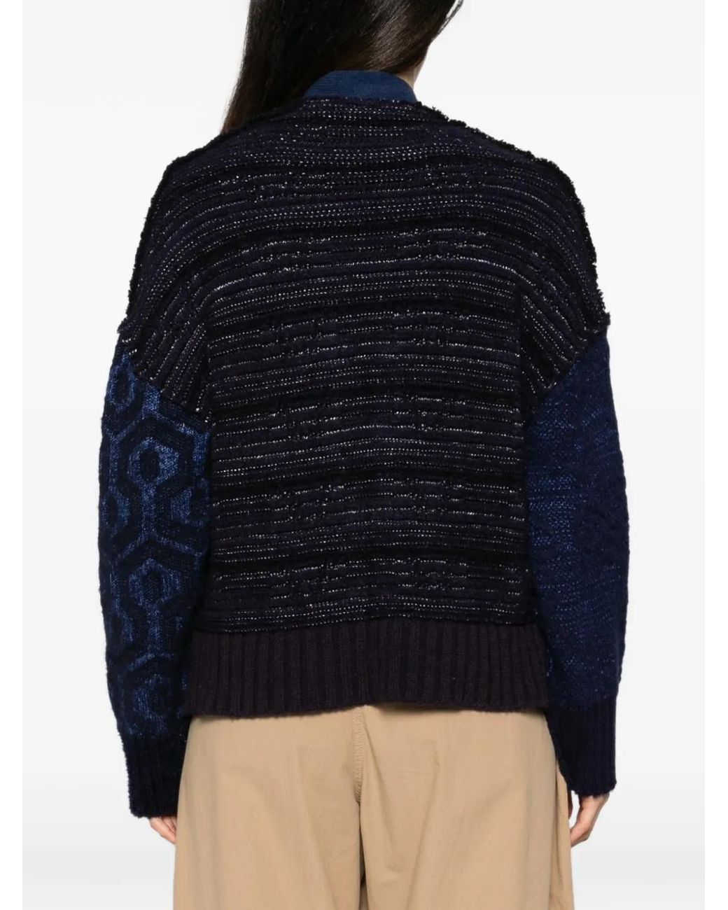 ESSENSI Blue Patchwork Wool Cardigan