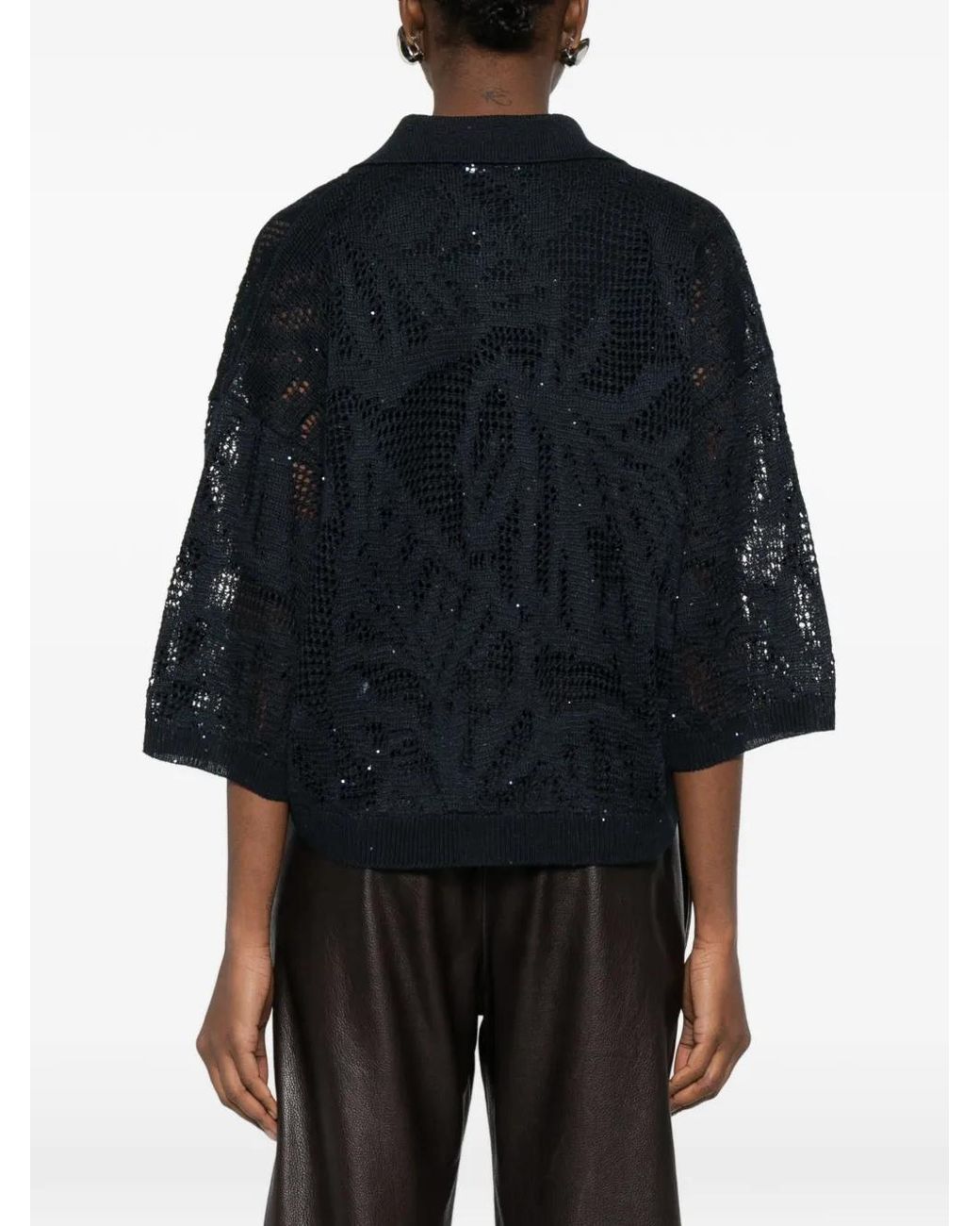 Brunello Cucinelli Black V-Neck Open-Knit Sweater