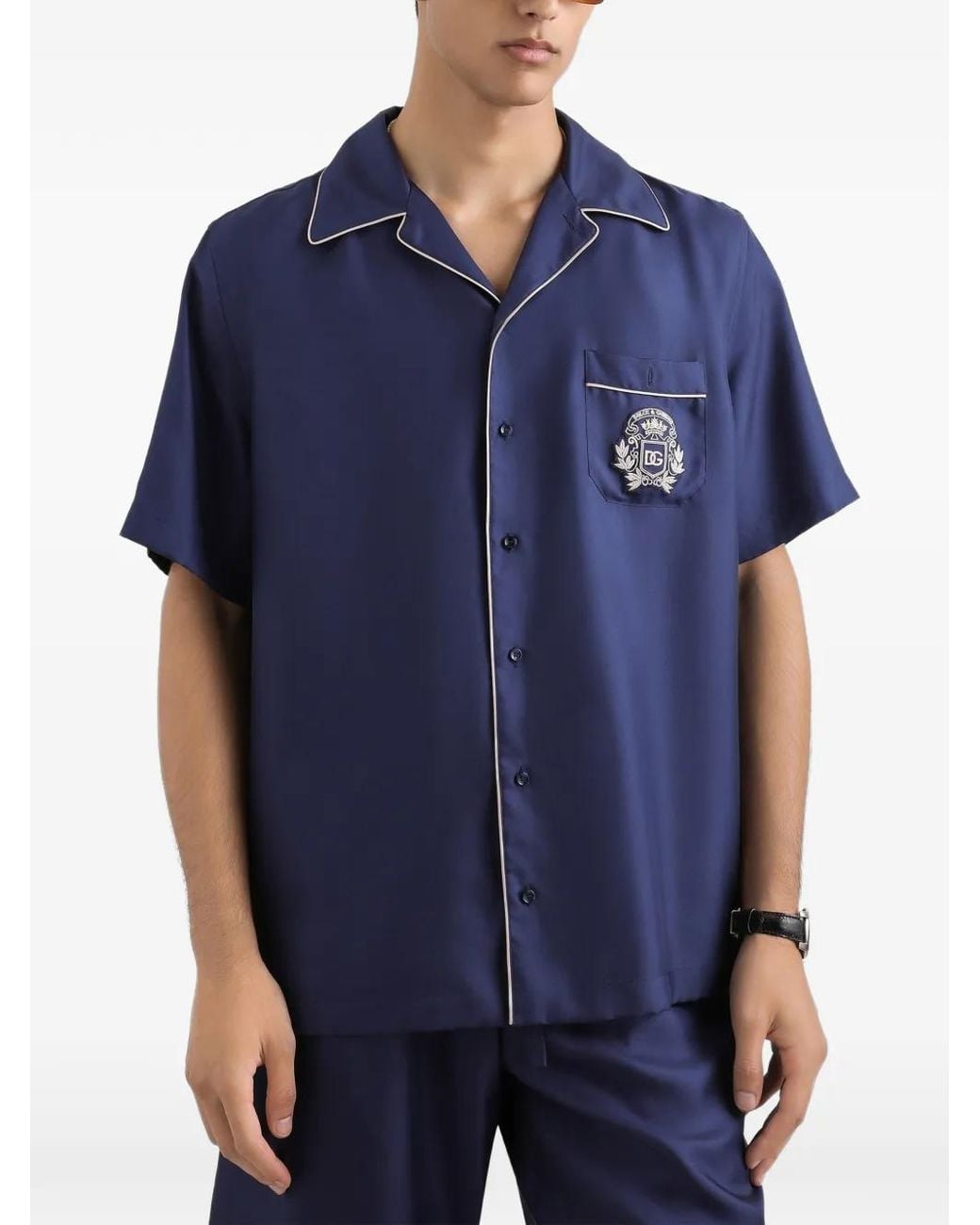Dolce & Gabbana Blue Hawaii Piping-Embroidered Shirt for men