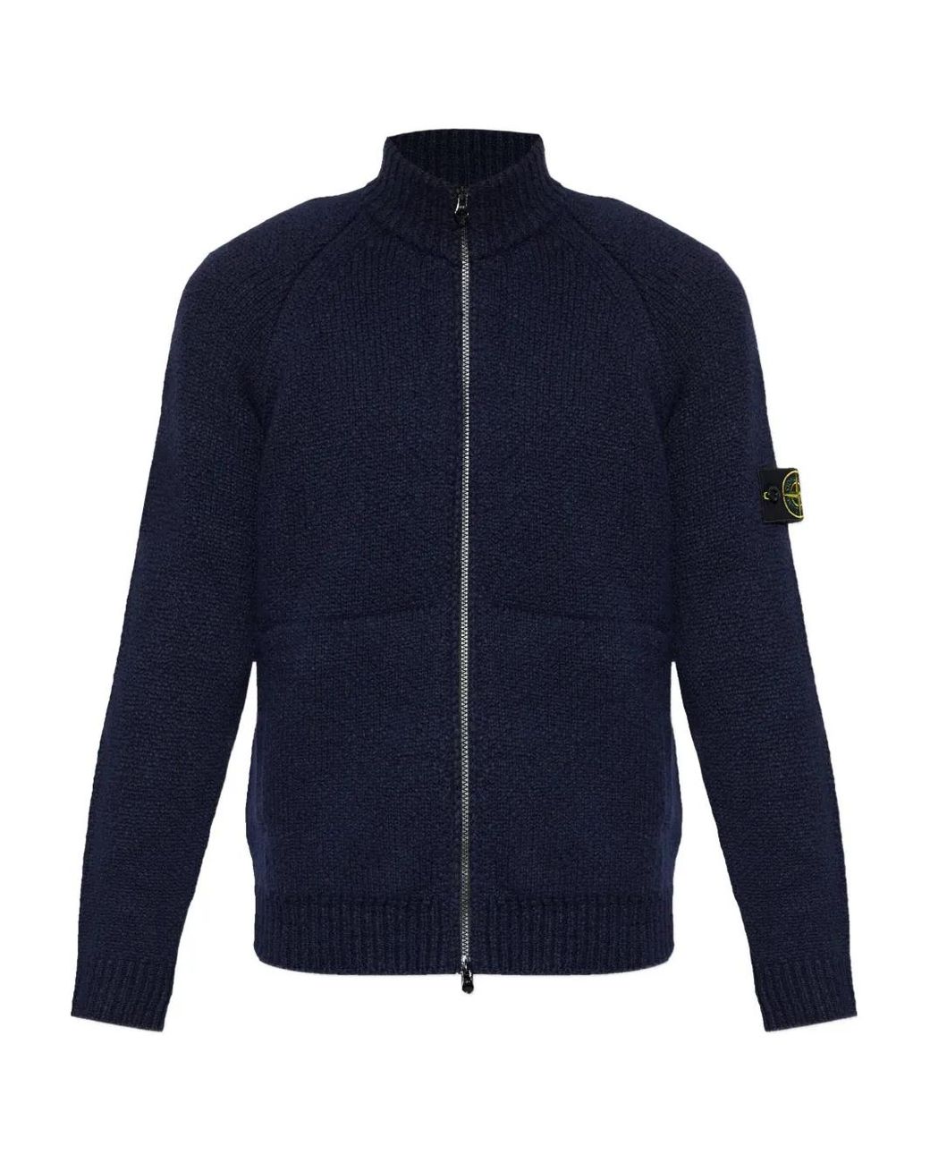 Stone Island Blue Zip-Front Patch-Pocket Wool Sweater for men