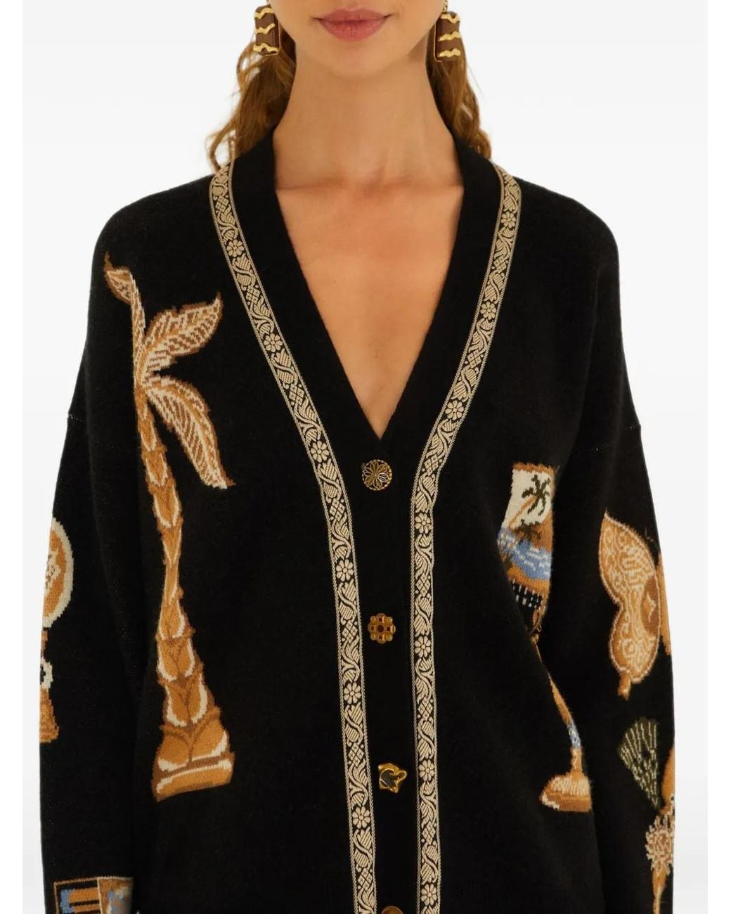 Farm Rio Black Cardigan À Col V Et Motif Graphique En Intarsia