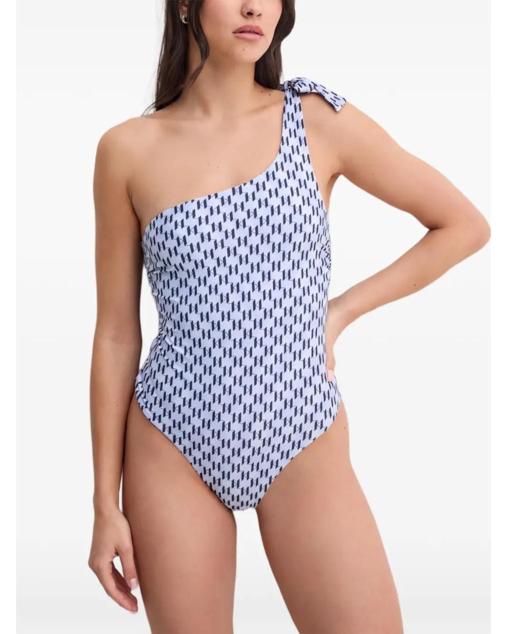 Karl Lagerfeld Blue One-Shoulder Monogram Swimsuit