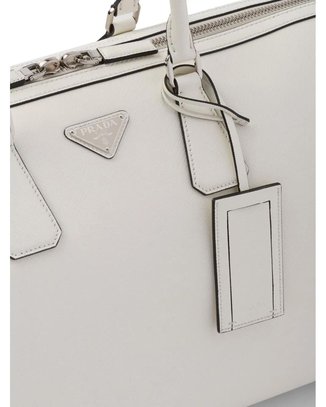 Prada White Triangle-Logo Leather Duffle Bag