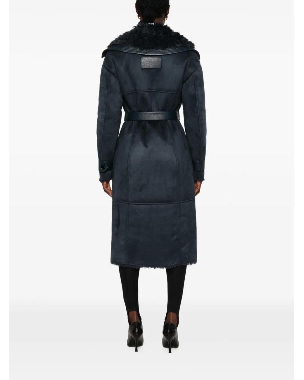 Patrizia Pepe Blue Manteau En Peau Lainée À Taille Ceinturé