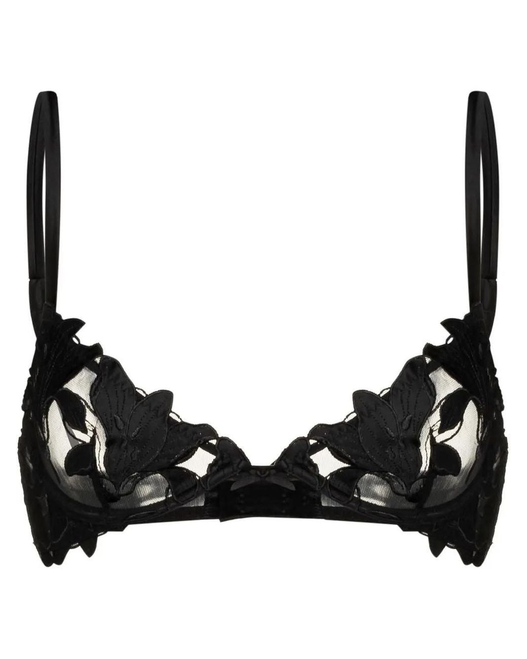 Fleur du Mal Black Lily Embroidered Plunge Demi-Bra
