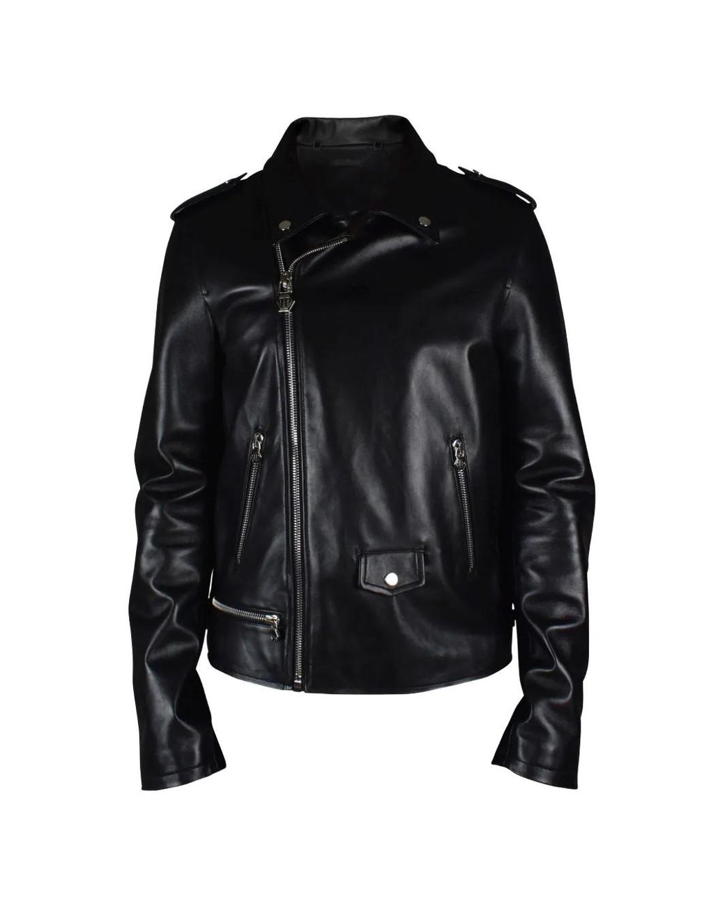 Philipp Plein Black Zip Leather Biker Jacket for men