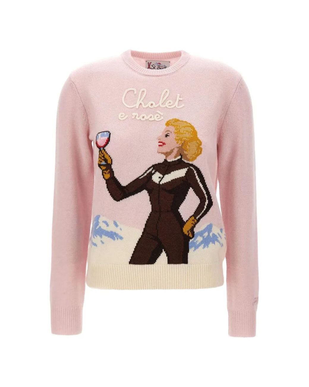 Mc2 Saint Barth Pink New Queen Crewneck Sweater With St. Moritz Skier Jacquard