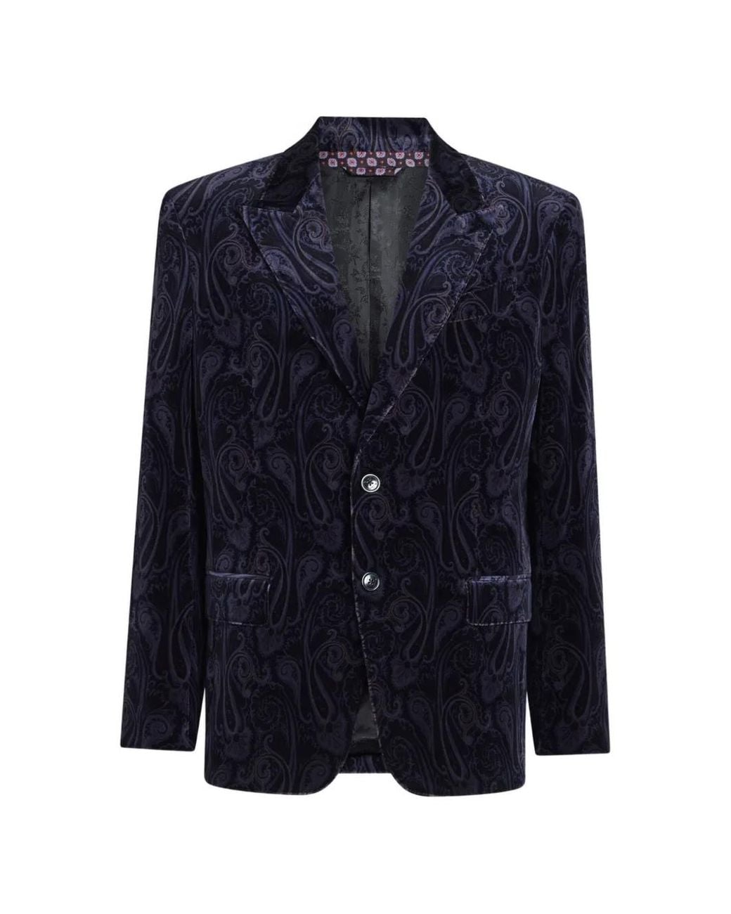 Etro Blue Single-Breasted Cotton Velvet Jacket With Paisley Overprint for men