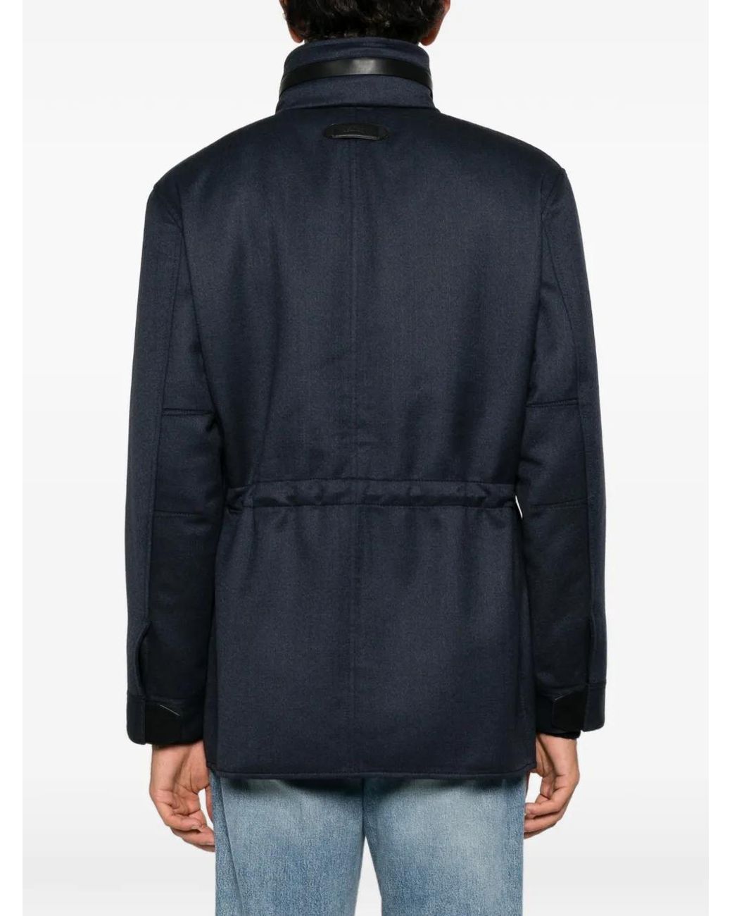 Brioni Blue Manteau Bordé De Cuir À Poches Poitrine for men