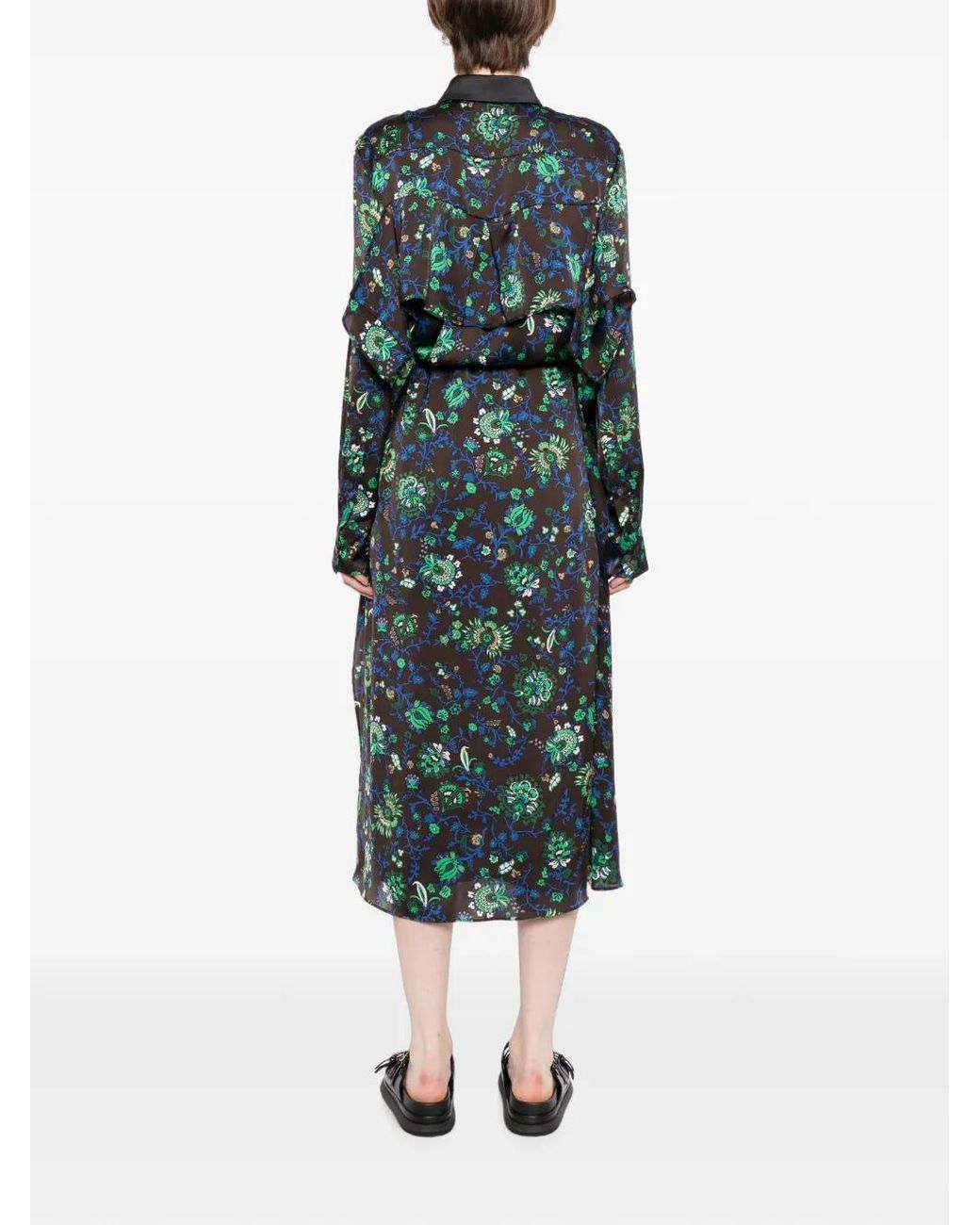 Sacai Green Floral-Print Ruffled Dress
