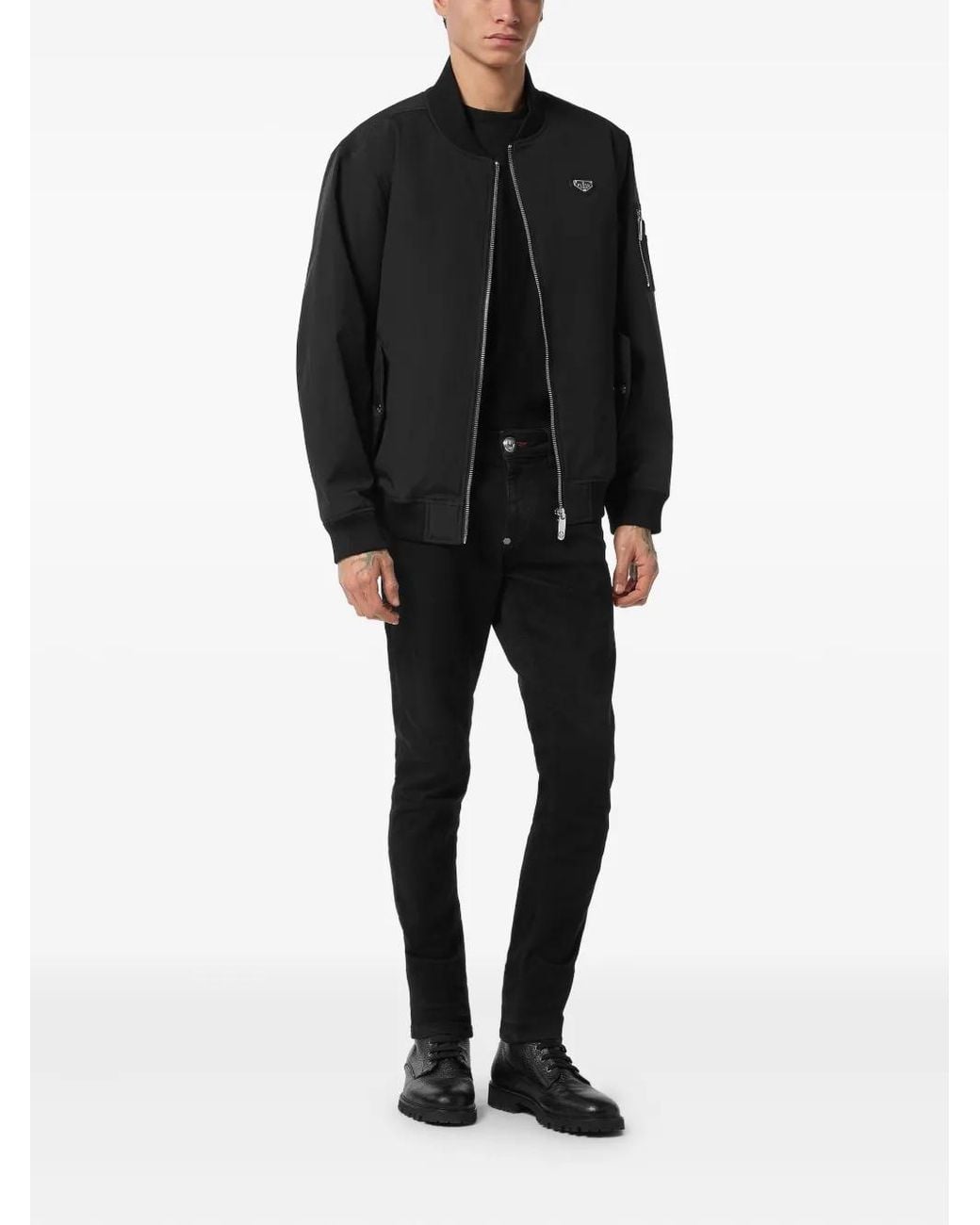 Philipp Plein Black Logo-Plaque Bomber Jacket for men