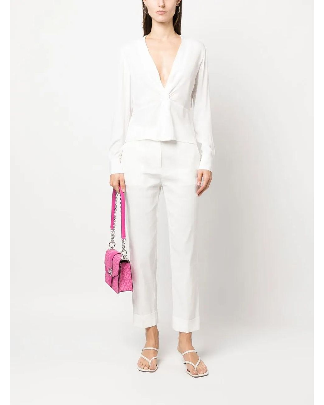 Pinko White Twisted V-Neck Blouse