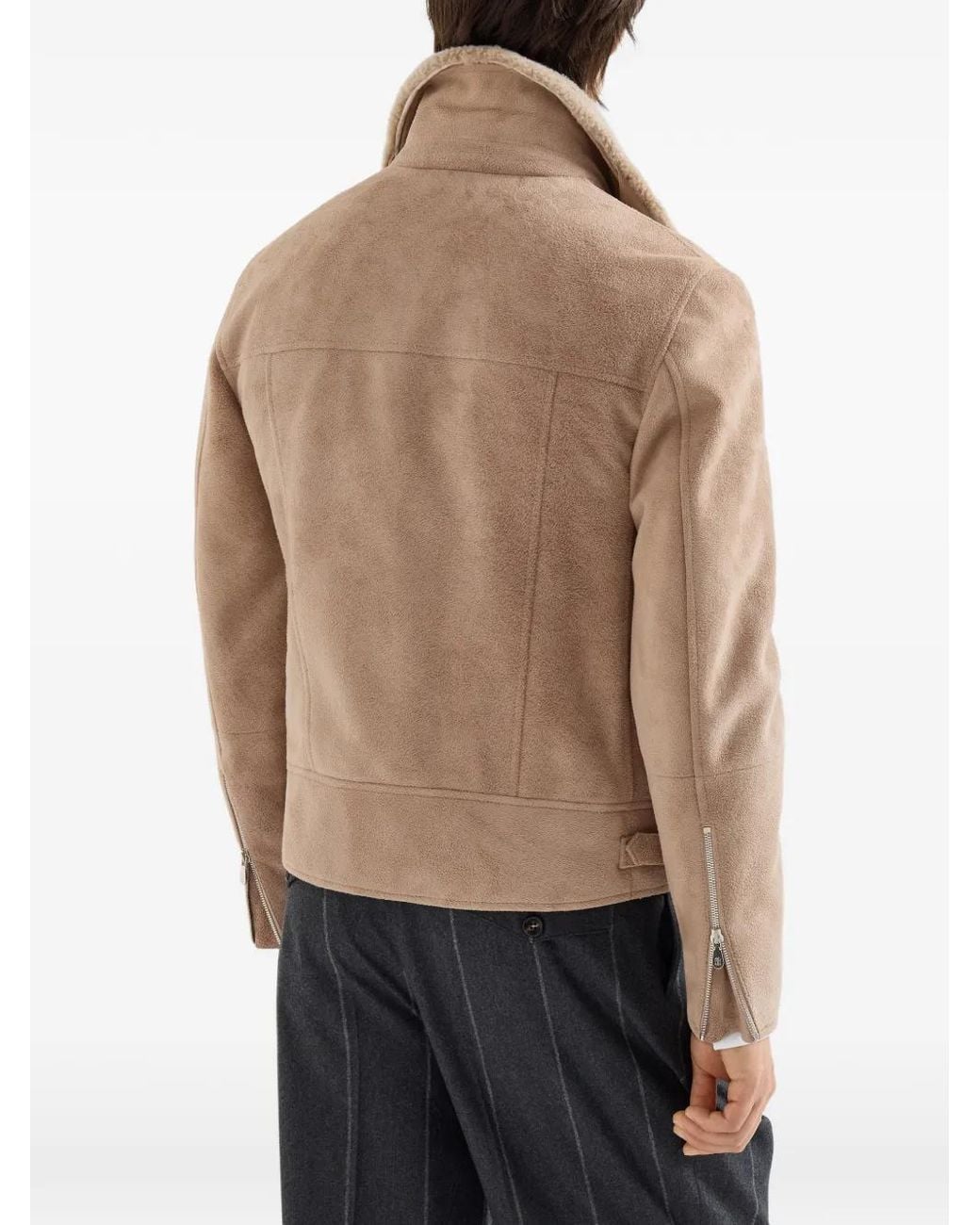 Brunello Cucinelli Natural Suede Biker Jacket With Thermore Padding And Detachable Shearling Collar for men