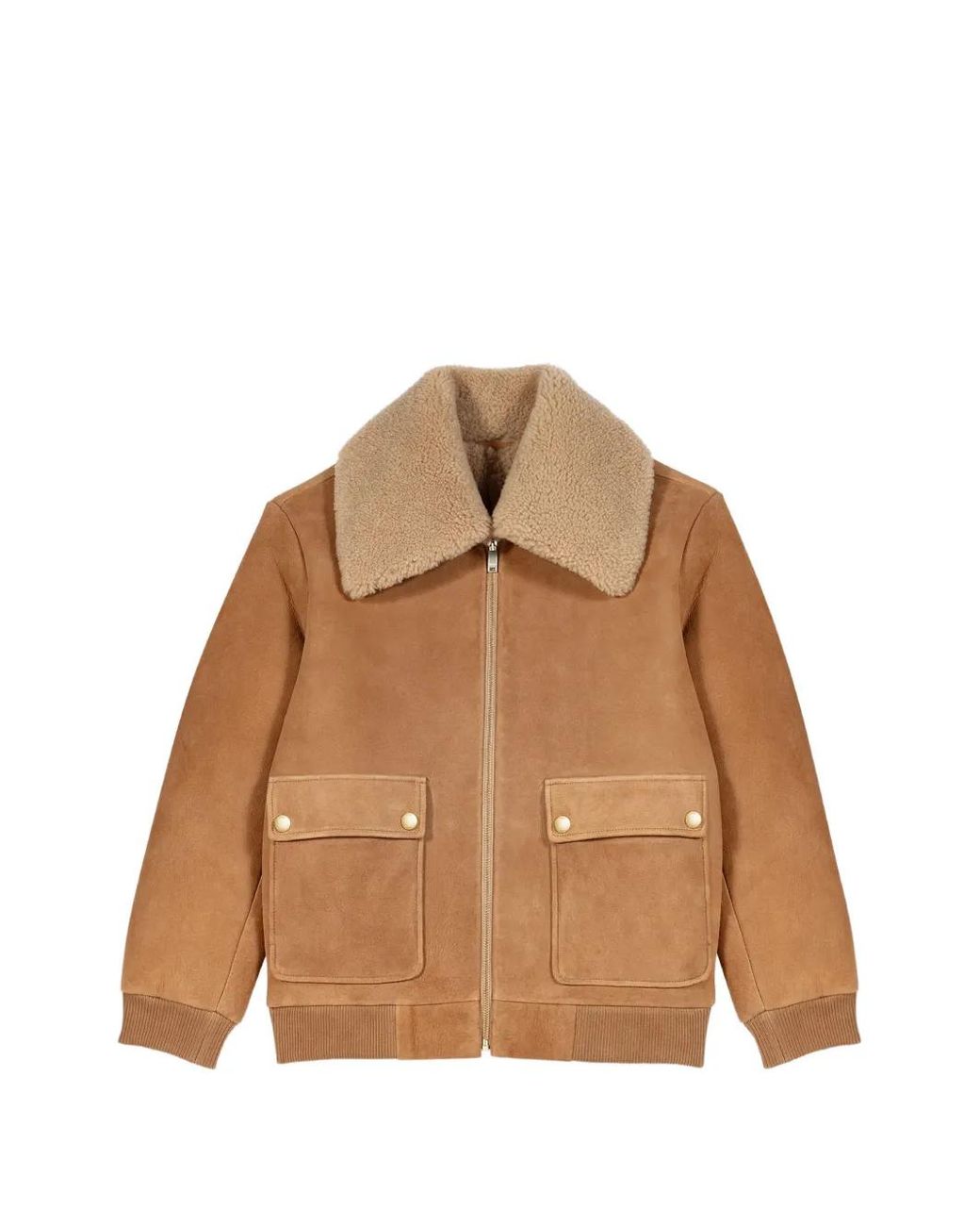 Maje Natural Shearling-Collar Zip-Up Jacket
