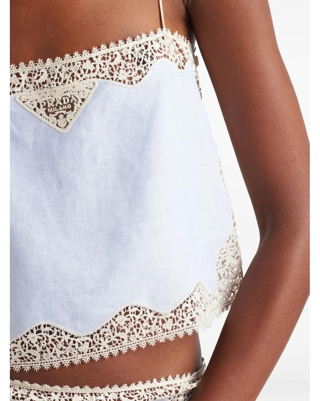 Prada Lace-Trimmed Linen Top in Blue | Lyst