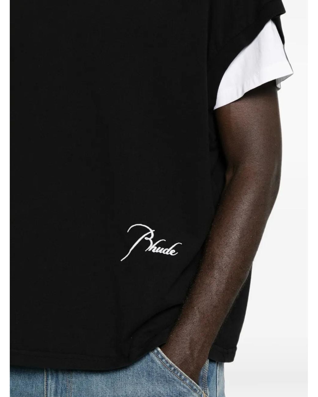 Rhude Black Logo-Embroidered Cap-Sleeve T-Shirt for men