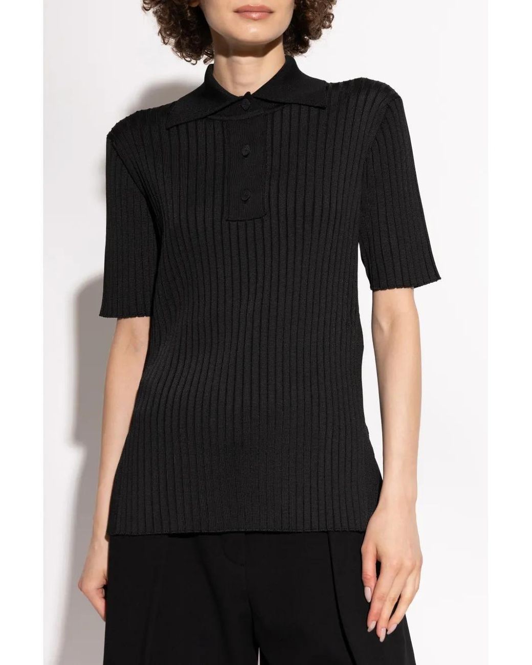 Jil Sander Black Ribbed Polo Top