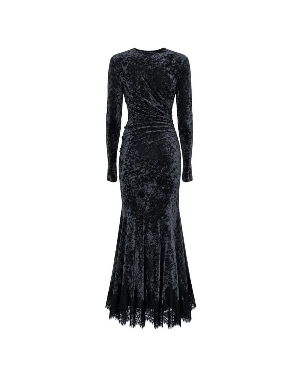 Alberta Ferretti Black Crushed-Velvet Lace-Trim Dress