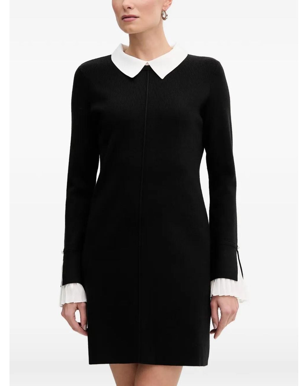 Morgan Black Pleated-Cuff Collared Mini Dress