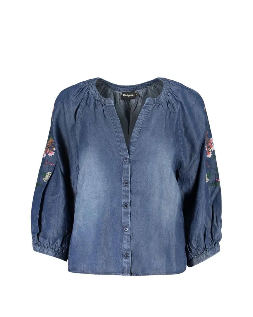 Desigual Blue Floral-Embroidered Puff-Sleeve Shirt