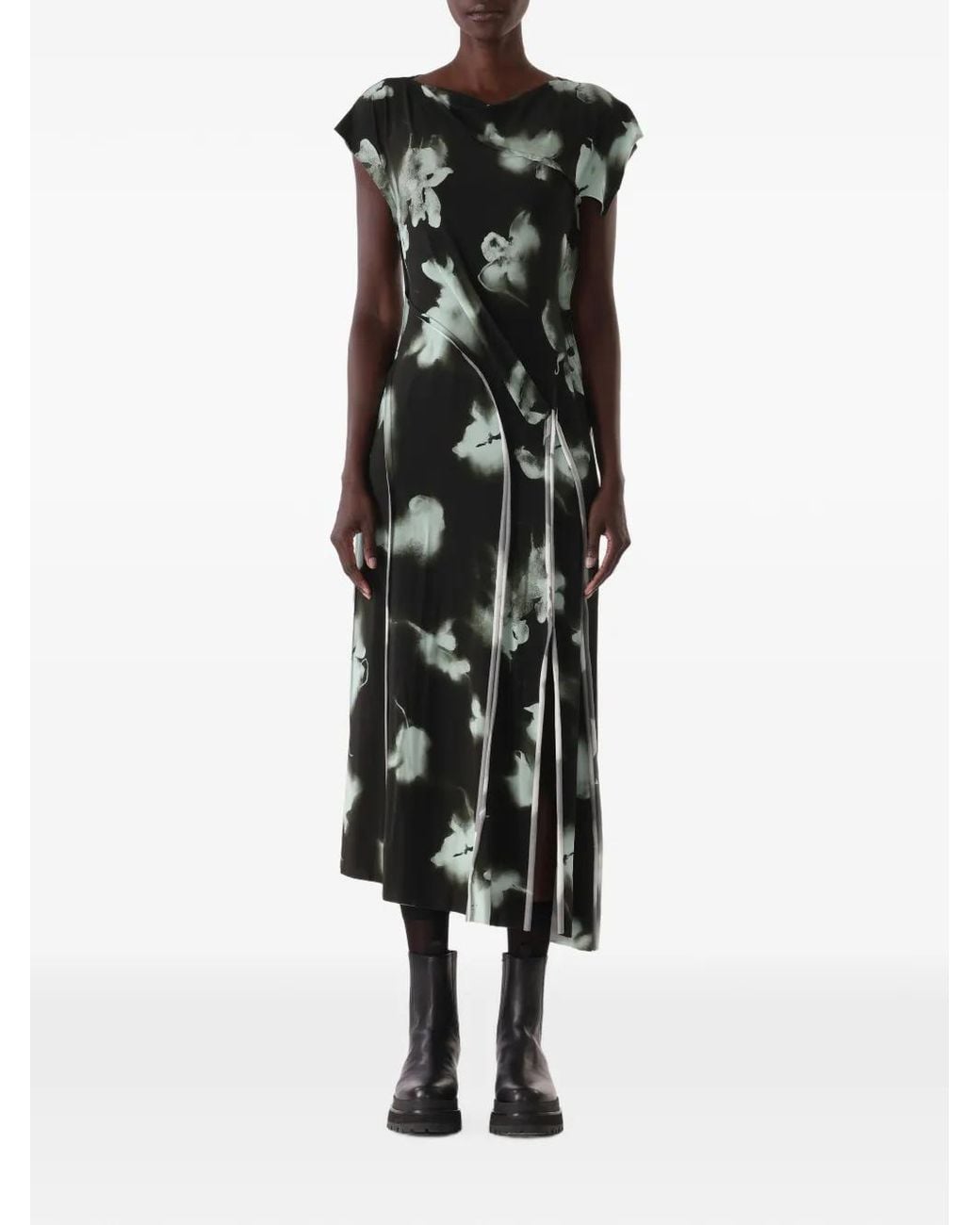 Jason Wu Black Floral-Print Asymmetric-Hem Midi Dress