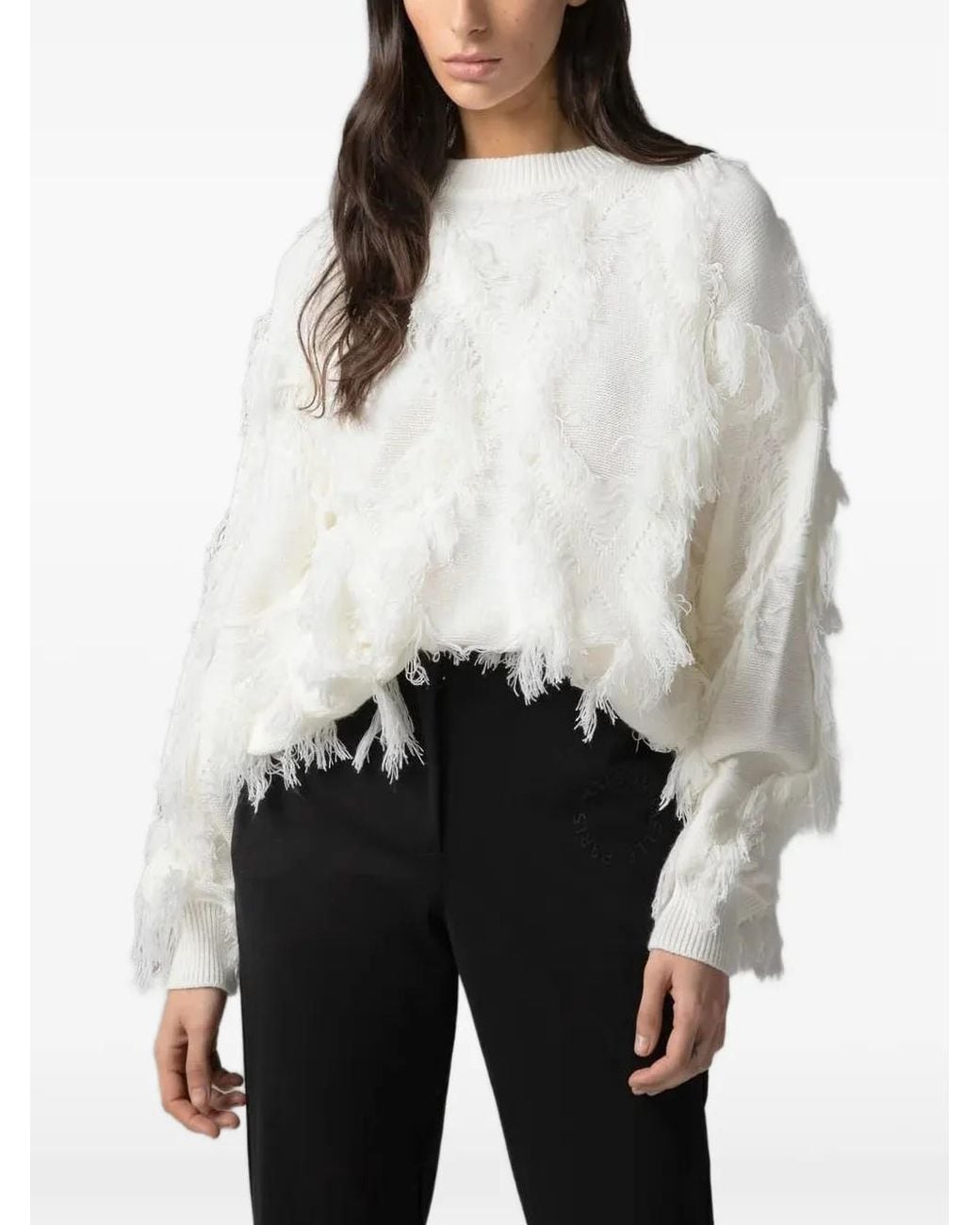 Gaelle Paris White Fringed Drop-Shoulder Sweater