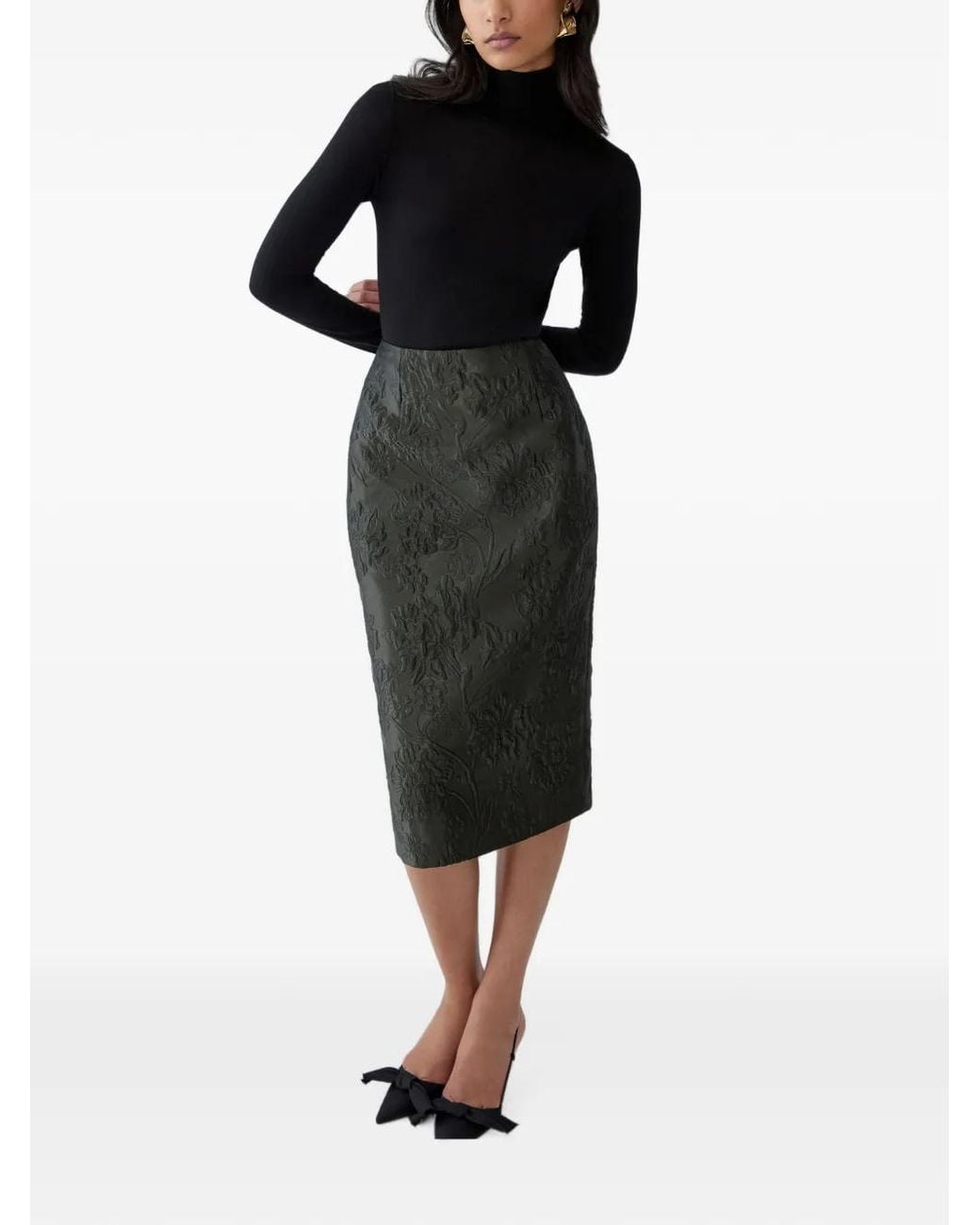 Carolina Herrera Green Floral-Jacquard Cloque Midi Skirt