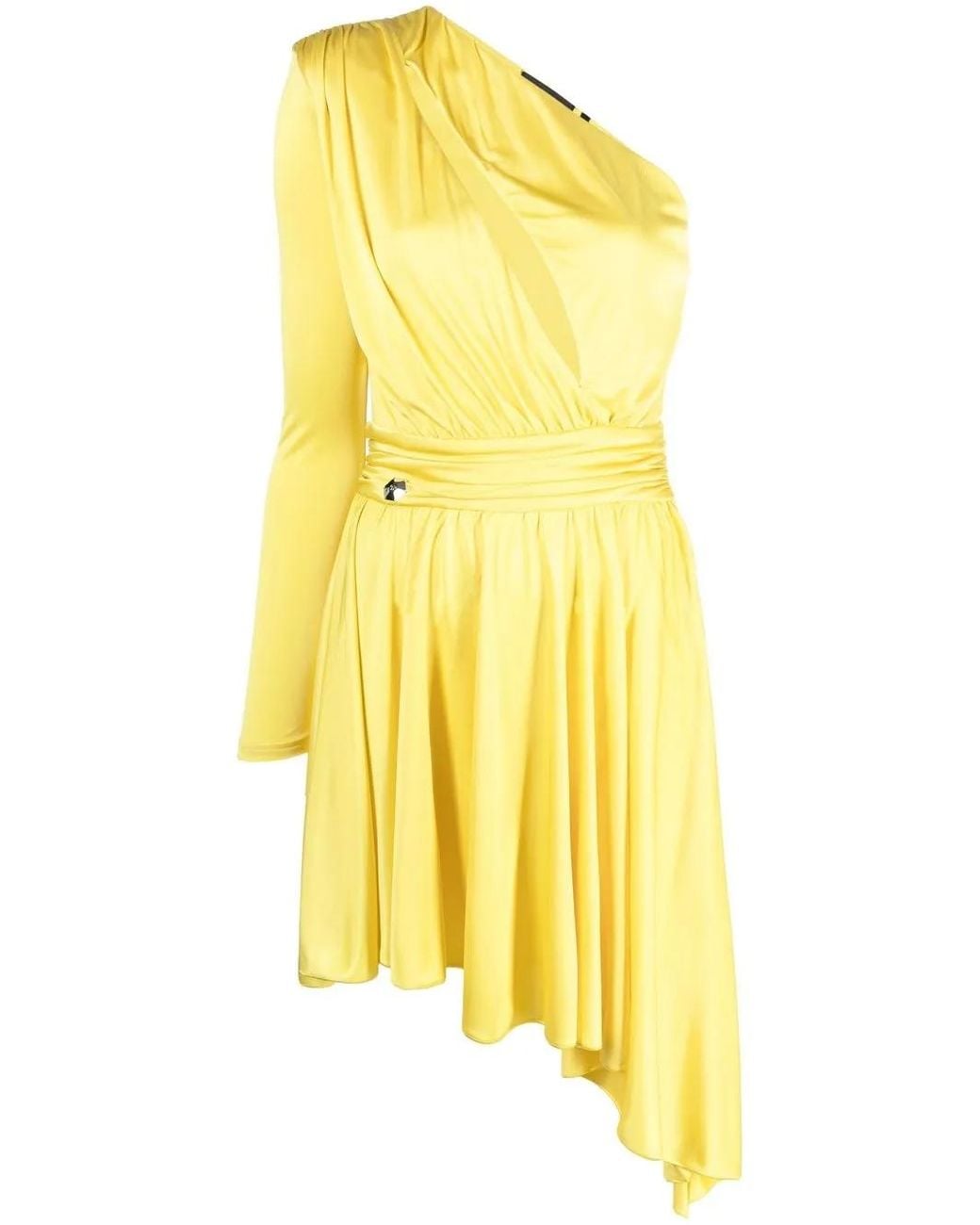 Philipp Plein Yellow Pleated One-Shoulder Dress