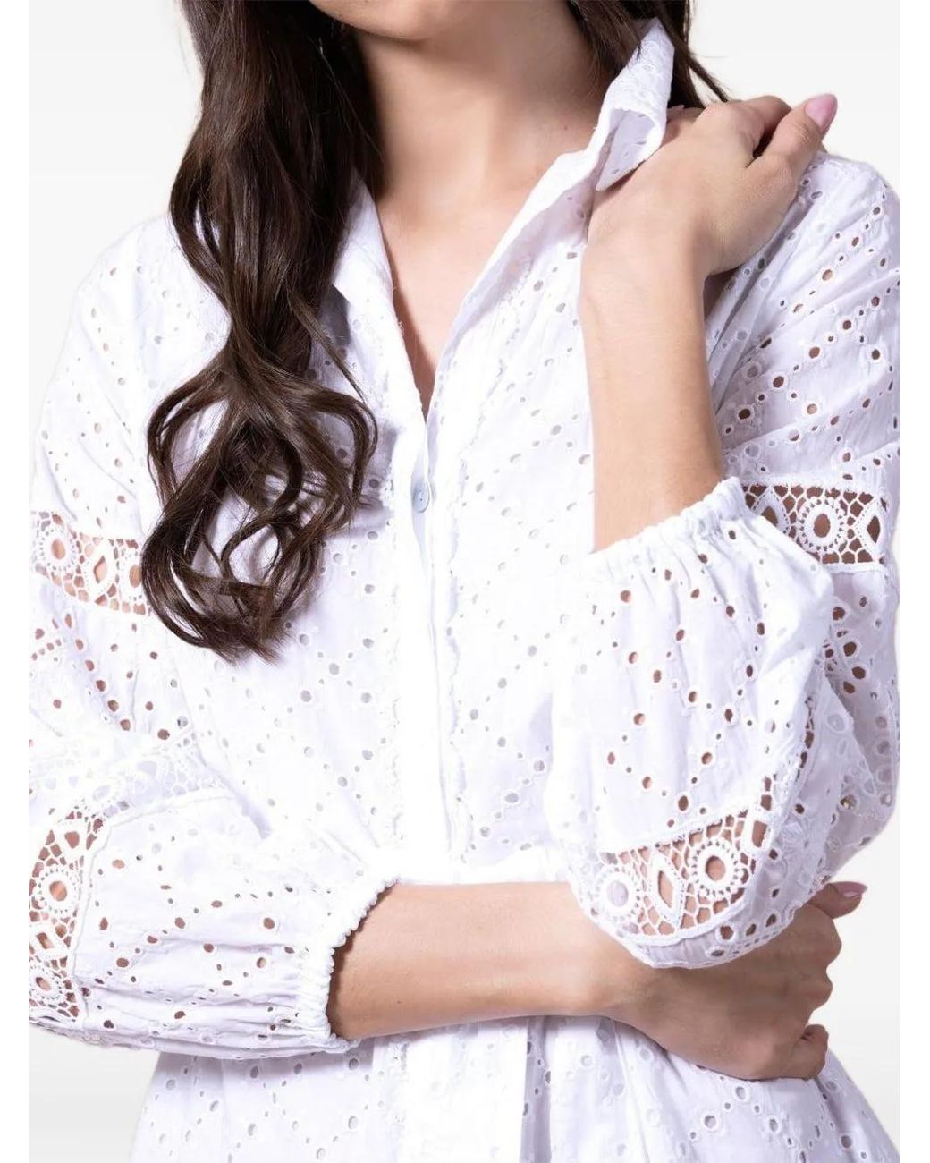 Temptation Positano White Palestina Eyelet-Embroidered Belted Dress