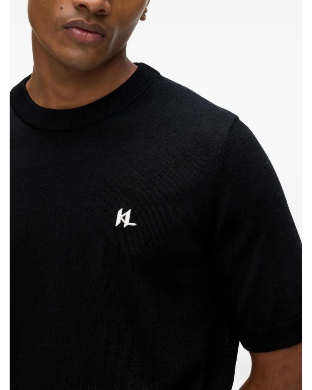 Karl Lagerfeld Black Monogram-Logo-Embroidered T-Shirt for men