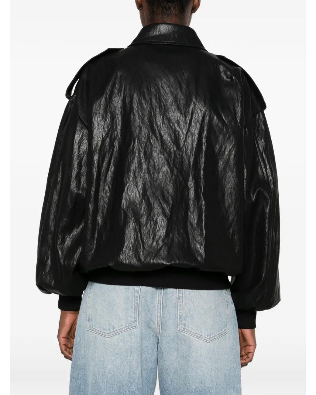 NINA 14.7 Black Crinkled Epaulette Bomber Jacket